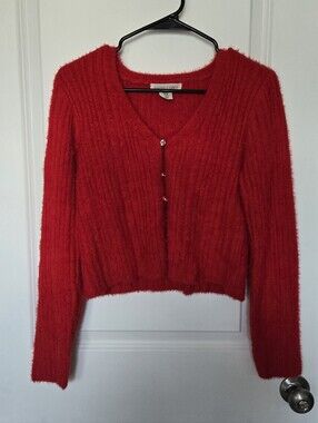 Red Fuzzy V-Neck Button-Front Cardigan Sweater